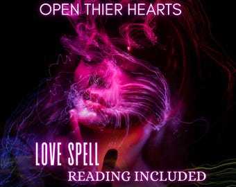 May include: A digital art image with the text "OPEN THEIR HEARTS" at the top and "LOVE SPELL READING INCLUDED" at the bottom. The image features a person's face with pink and purple light streaks emanating from the face.