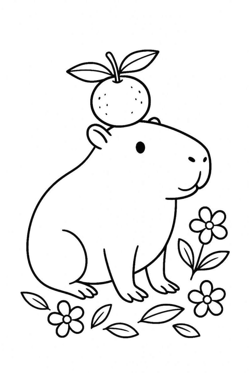 Capybara Coloring Page Printable PDF – Cute Animal With Orange on Head ...