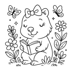 Capybara Coloring Page: Girl Reading, Butterflies & Flowers (Printable Kids Activity)