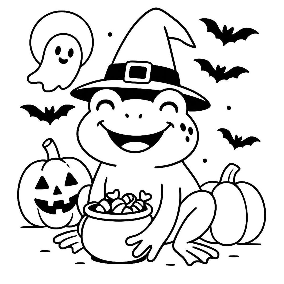 Halloween Frog Coloring Page | Witch Hat, Pumpkins & Candy | Kids ...