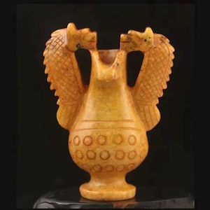 Ancient Chinese Jade Yu Double Dragon Vase Cup Late Shang to Eastern Zhou Dynasty Antique Antquity Aged Yellow Nephrite Patina
