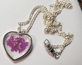 Hearts of Faith Necklace – mustard seed & real purple flower heart pendant, Christian botanical jewelry gift