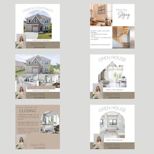 Könnte beinhalten: Eine Sammlung von Immobilienmarketingmaterialien. Die Designs zeigen Bilder von Häusern, Innenaufnahmen und Text wie "Under Contract" und "Open House". Der Name und die Kontaktinformationen des Maklers sind enthalten.