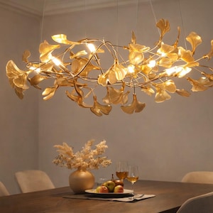Lampadario a forma di foglia di Ginkgo, lampada a sospensione color oro caldo, lampada da pranzo moderna e lussuosa