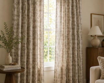 Beige Linen Look Curtains, Geometric Pattern Drapes, 80% Blackout Curtain Panels, Neutral Window Treatment, Farmhouse Living Room Decor