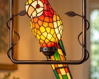 Tiffany Style Stained Glass Parrot Pendant Light, Colorful Bird Hanging Lamp, Vintage Bronze Chandelier, Tropical Eclectic Decor