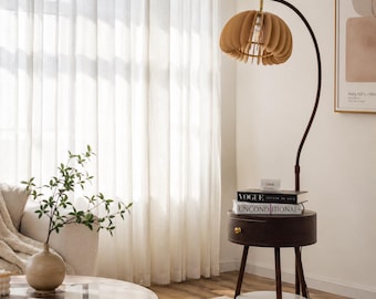 Modern Wooden Floor Lamp with Table and Drawer, Ambient Lighting
