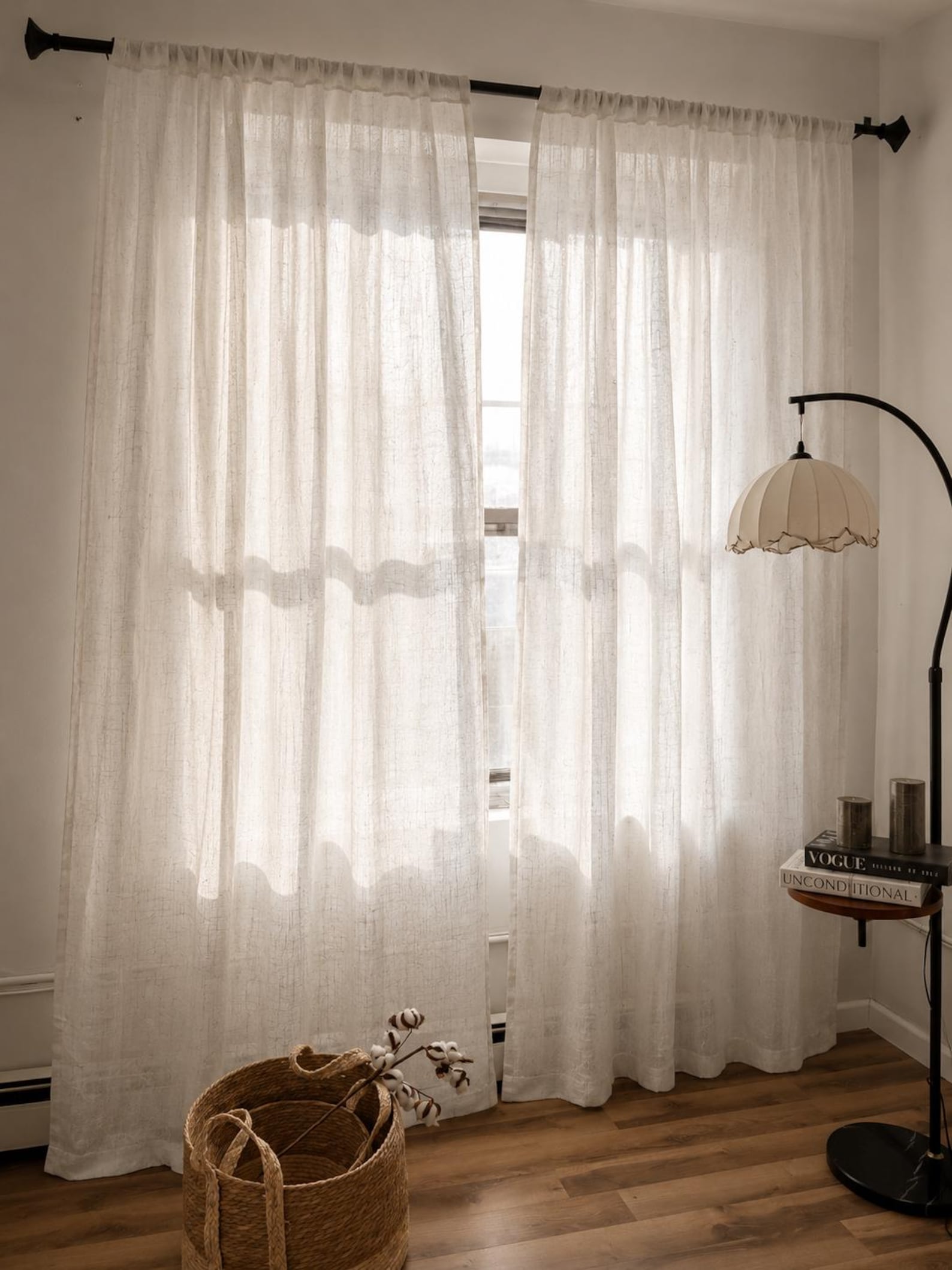 Botanical sheer curtains for a cowgirl coastal bedroom