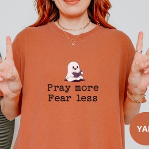 Pray More Fear Less Comfort Colors® Shirt, Christian Halloween T-Shirt, Fall Jesus Shirts, Holy Ghost Halloween, Gift for Christians