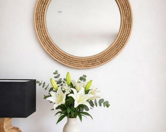 Miroir rotin 60 cm – Miroir mural bohème naturel – Décoration murale boho chic – Miroir rond Bali