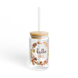 Hello Fall Glass Tumbler with Bamboo Lid & Straw | 16oz Autumn Iced Coffee Cup | Cute Fall Drinkware Gift