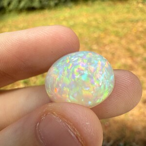 Könnte beinhalten: Ein polierter, oval geformter Opal-Edelstein. Der Opal zeigt eine milchig-weiße Grundfarbe mit schillernden Blitzen in Grün, Blau und Orange. Der Edelstein wird zwischen zwei Fingern vor einem verschwommenen grünen und braunen Hintergrund gehalten.