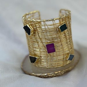 Gold Wire Cuff Bracelet with Colorful Gemstones – Adjustable Handmade Statement Jewelry
