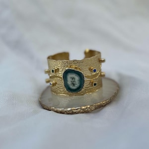 Gold Plated Adjustable Statement Ring with Blue Gemstone – Unique Handmade Jewelry Gift for Women
