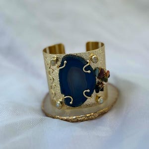 Gold Plated Adjustable Statement Ring with Blue Gemstone – Unique Handmade Jewelry Gift for Women