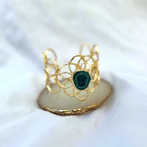 Handmade Gold Cuff Bracelet with Green Agate Stone – Adjustable Boho Jewelry, Unique Natural Gemstone Bangle Gift for Her