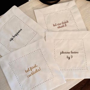 Funny Embroidered Cocktail Napkins | Bar Cart Decor & Hostess Gifts | Ready to Ship Linen Coasters with Sayings