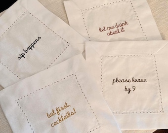 Funny Embroidered Linen Cocktail Napkins: Cheeky Bar Cart Decor