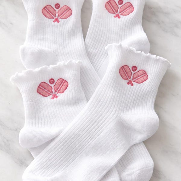 Embroidered Pickleball Socks: Retro Ruffle Edge Lightweight Cotton Blend (pink version!)