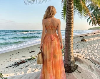 white christmas dresses Finding The Way Beige Palm Leaf Print Strapless Chiffon Maxi Dress main image 0