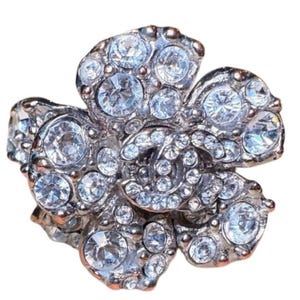 Chanel Camellia Flower Ring, Silver-Tone with Rhinestones, Size 6.75