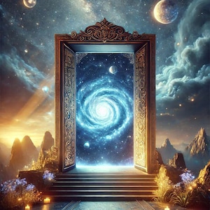 Peut inclure: Illustration numérique d'un portail céleste. Une porte dorée ornée s'ouvre sur une galaxie tourbillonnante, encadrée d'un ciel étoilé et de planètes. Le chemin menant à la porte est orné de bougies et de motifs complexes.