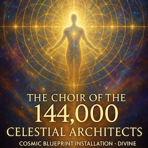 May include: A celestial-themed image with a glowing figure at the center, arms outstretched, surrounded by golden geometric patterns. The text reads "THE CHOIR OF THE 144,000 CELESTIAL ARCHITECTS" with additional phrases like "COSMIC BLUEPRINT INSTALLATION".