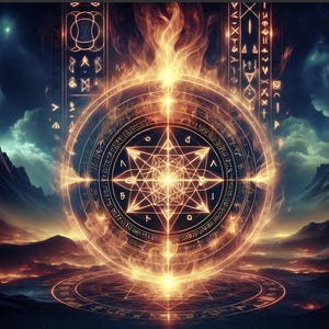 Puede incluir: Arte digital que representa un sigilo brillante y ardiente con patrones geométricos y símbolos. El sigilo está rodeado de llamas y se encuentra sobre un fondo de montañas, un cielo nublado y un paisaje de fuego. Tema místico.