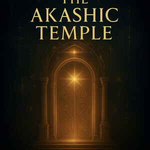 May include: A book cover with the title "THE AKASHIC TEMPLE" in gold lettering. Below the title are the words "Akashic Readings & Expansions, Energetic Attunements, Spiritual Healing & Sovereignty". The background is dark with a golden archway.