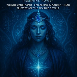 Puede incluir: Ilustración digital azulada de una mujer con corona y collar de zafiro. Superpuesto, el texto "TEMPLE OF THE SAPPHIRE PRIESTESS LINEAGE". La imagen promueve conceptos espirituales, incluyendo 'Poder Femenino' y 'Ocultismo'.