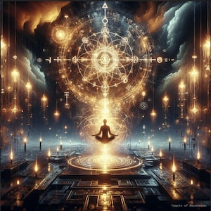 Könnte beinhalten: Digitales Kunstwerk, das eine Person in Meditation zeigt, umgeben von leuchtenden Kugeln und geometrischen Mustern. Das Bild hat ein himmlisches Thema mit dunklem Hintergrund und goldenen Lichteffekten. Der Text "Temple of Ascension" befindet sich unten.