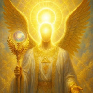 May include: A radiant figure with golden wings and a halo, holding a staff with a glowing orb. The figure wears a white robe with gold trim and a triangular emblem. The artwork is bathed in golden light.