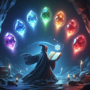 May include: A digital illustration of a robed figure reading a book, surrounded by glowing, multi-colored crystals. The crystals are in shades of blue, green, orange, and red, with a mystical, fantasy theme. Lit candles and a cave setting complete the scene.