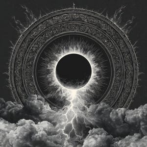 May include: A black and white illustration of a celestial event, possibly an eclipse, with a dark central sphere surrounded by a radiant corona. Intricate circular patterns frame the scene, with stylized clouds and a lightning bolt adding dramatic flair.
