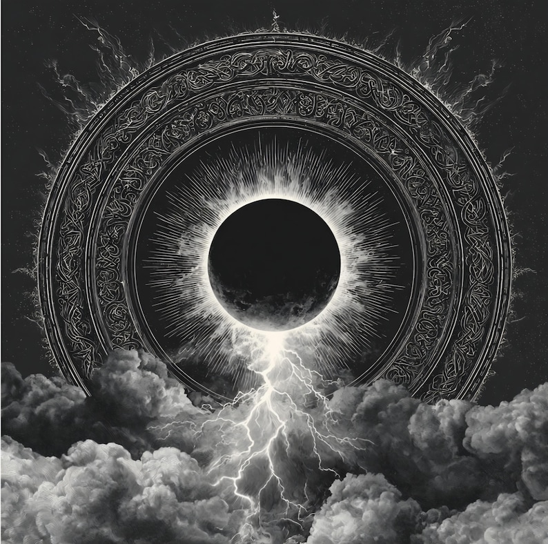 May include: A black and white illustration of a celestial event, possibly an eclipse, with a dark central sphere surrounded by a radiant corona. Intricate circular patterns frame the scene, with stylized clouds and a lightning bolt adding dramatic flair.