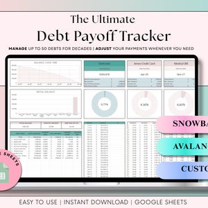 May include: A laptop screen shows a debt payoff tracker spreadsheet. The title reads "The Ultimate Debt Payoff Tracker." The spreadsheet includes charts, graphs, and data fields. Options for "Snowball," "Avalanche," and "Custom" debt repayment methods are visible.