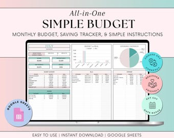 May include: A laptop screen displays a digital budget template with the text "SIMPLE BUDGET." The template includes sections for monthly budgeting, saving tracking, and instructions. Colorful circular icons indicate features like currency selection and beginner-friendliness.