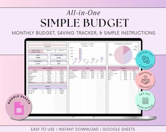 May include: A digital budget planner displayed on a laptop screen. The interface features sections for monthly budgeting, saving tracking, and simple instructions. The design includes charts, graphs, and pink accents. Text includes "All-in-One SIMPLE BUDGET" and "Google Sheets".