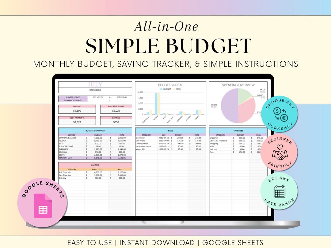 Simple Budget Spreadsheet Google Sheets Weekly Monthly Yearly Budget ...