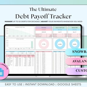 May include: A laptop displays a debt payoff tracker spreadsheet. The screen shows charts, graphs, and data tables with the text "The Ultimate Debt Payoff Tracker." The spreadsheet includes options for "Snowball," "Avalanche," and "Custom" debt management strategies.