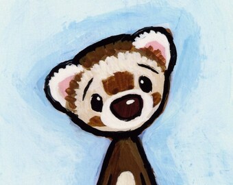 May include: A cartoon illustration of a brown and white ferret standing on a light blue background. The ferret has a cute, cartoonish face with big eyes and a small nose. The ferret is looking to the left of the image.