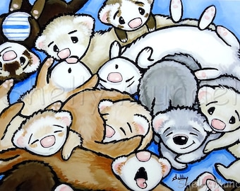 Weasel Pile - Ferret Art Print - by Shelly Mundel