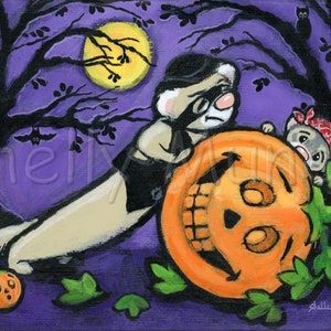 Spooky Night Halloween Ferret Pumpkin Ferret Art Print by Shelly Mundel image 1