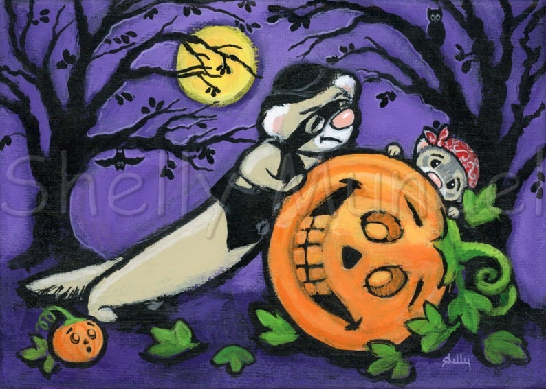 Spooky Night Halloween Ferret Pumpkin Ferret Art Print by Shelly Mundel image 1