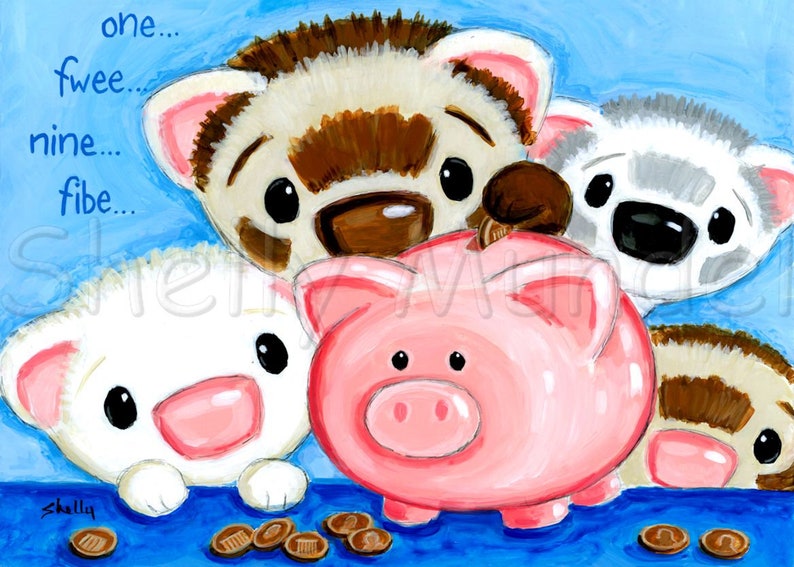 Piggy Bank Ferret Art Print by Shelly Mundel image 1