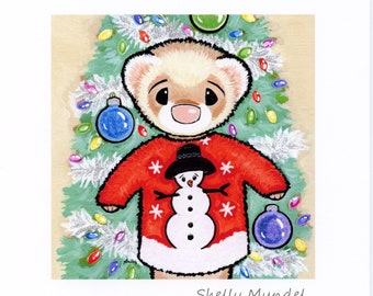 Ugly Christmas Sweater - Ferret Art Print - by Shelly Mundel