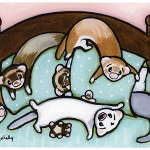 Playing on the Bed Ferret Art Print from Original Painting by Shelly Mundel image 1
