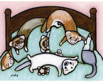 Playing on the Bed - Ferret Art Print from Original Painting - by Shelly Mundel