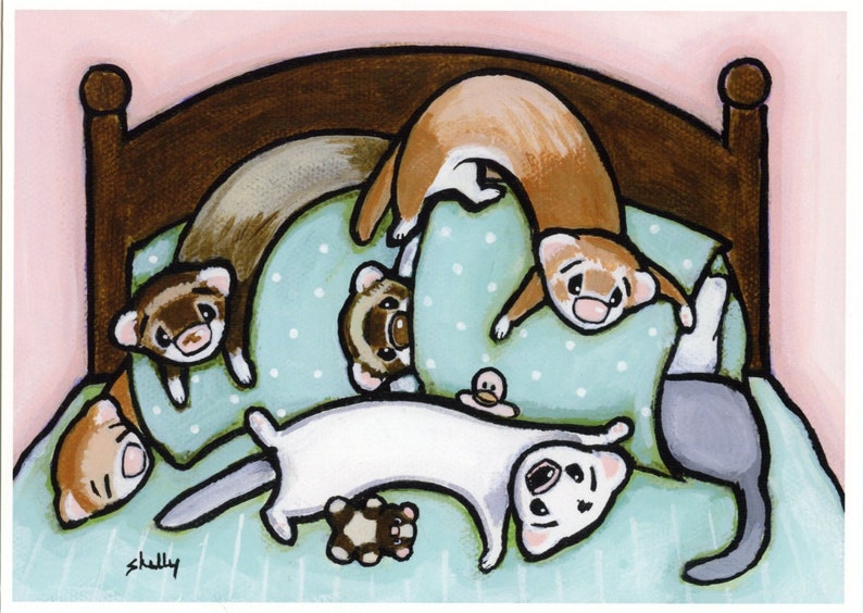 Playing on the Bed Ferret Art Print from Original Painting by Shelly Mundel image 1