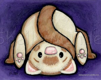 May include: A cartoon ferret with brown and white fur is upside down on a purple background. The ferret has a pink nose and big brown eyes. The ferret's tail is curled up over its back.
